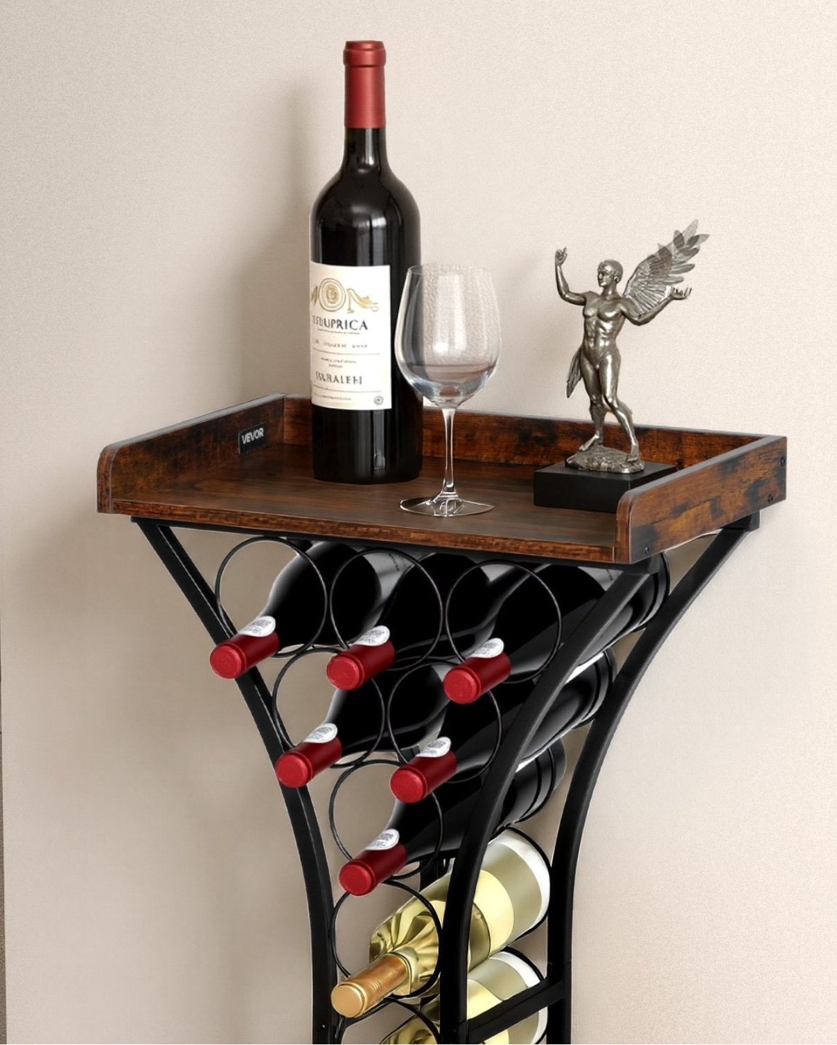 15‑Bottle Freestanding Wine Rack – Black Metal Floor Stand with Glass Holder & Wood Tabletop