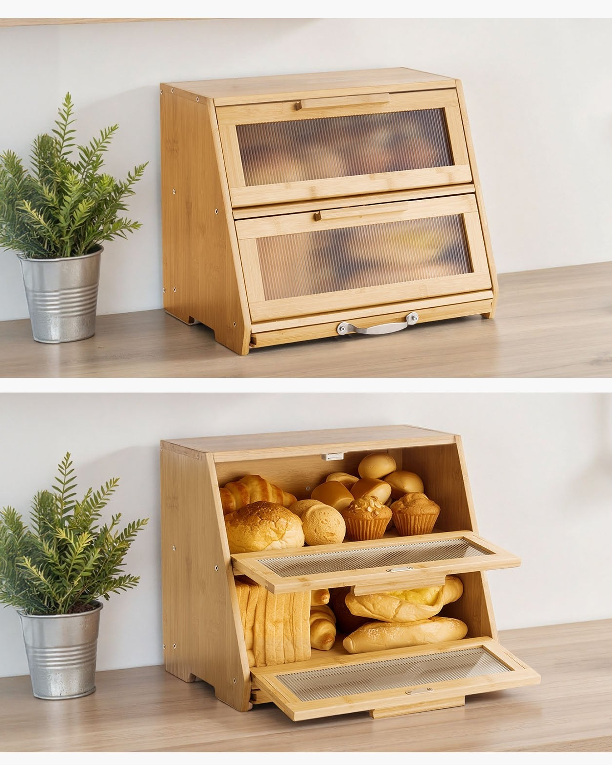 Double Layer Bread Box For Kitchen Counter Bamboo Storage Container Natural