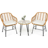 3 Pieces Rattan Furniture Set With Cushioned Chair Table