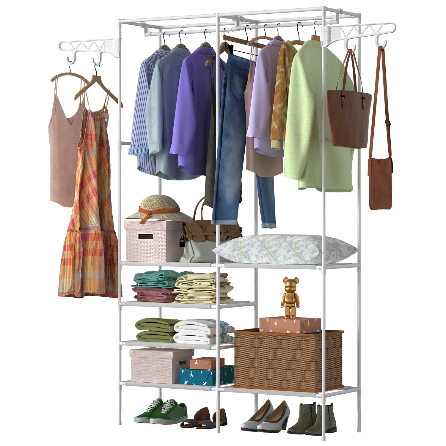 1Pc Metal Garment Rack Shoe Clothing Organizer Shelves Freestanding Multifunctional Clothes Wardrobe