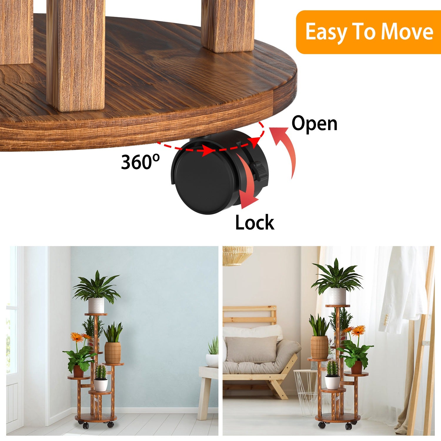 5 Tier Plant Stand With 4 Detachable Wheels Wooden Plant Pot Rolling Shelf Plant Display Rack For Indoor Outdoor Decoration
