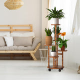 5 Tier Plant Stand With 4 Detachable Wheels Wooden Plant Pot Rolling Shelf Plant Display Rack For Indoor Outdoor Decoration