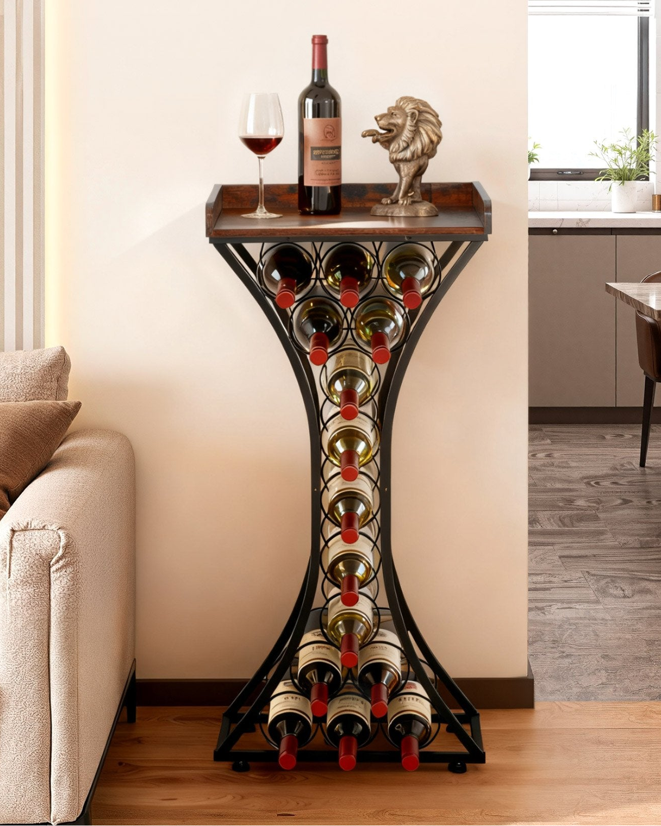 15‑Bottle Freestanding Wine Rack – Black Metal Floor Stand with Glass Holder & Wood Tabletop
