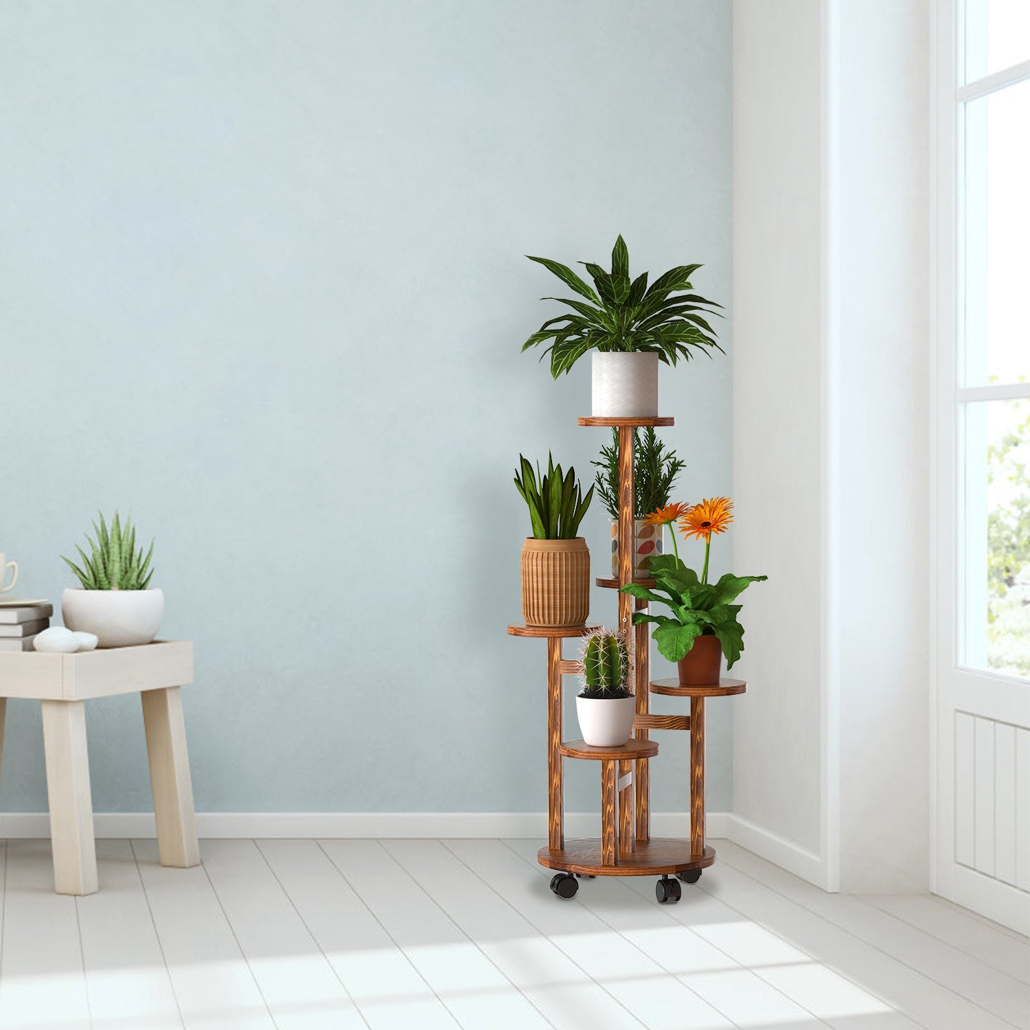 5 Tier Plant Stand With 4 Detachable Wheels Wooden Plant Pot Rolling Shelf Plant Display Rack For Indoor Outdoor Decoration