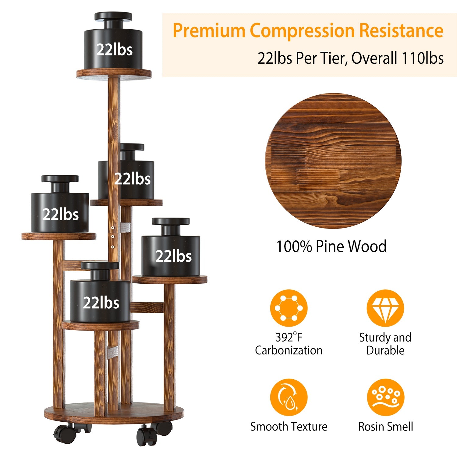 5 Tier Plant Stand With 4 Detachable Wheels Wooden Plant Pot Rolling Shelf Plant Display Rack For Indoor Outdoor Decoration