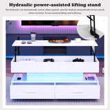 Hydraulic Lift Top Coffee Table, LED Coffee Tables With Storage For Living Room, Coffee Table With 2 Drawers & LED Light For Dining Reception Room, White