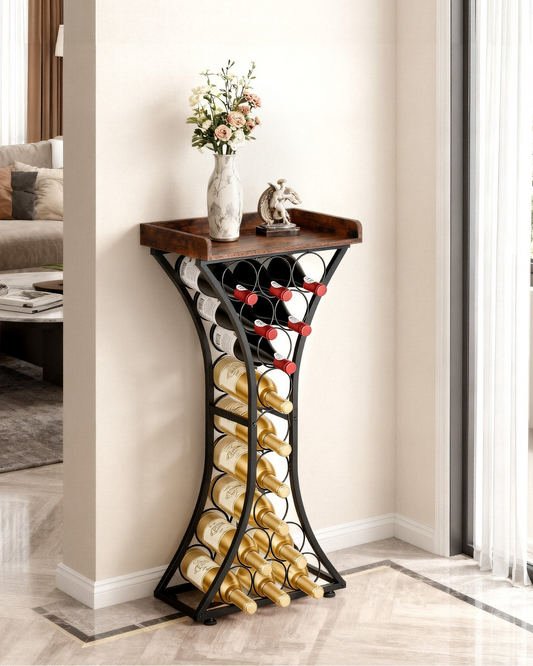 15‑Bottle Freestanding Wine Rack – Black Metal Floor Stand with Glass Holder & Wood Tabletop