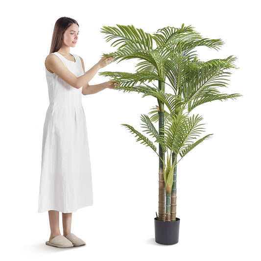 Artificial Gold Cane Palm Tree, 6.5 FT Tall Faux Plant, PE Material & Anti-Tip Tilt Protection Low-Maintenance Plant, Lifelike Green Fake Tree For Home Office Warehouse Decor Indoor Outdoor