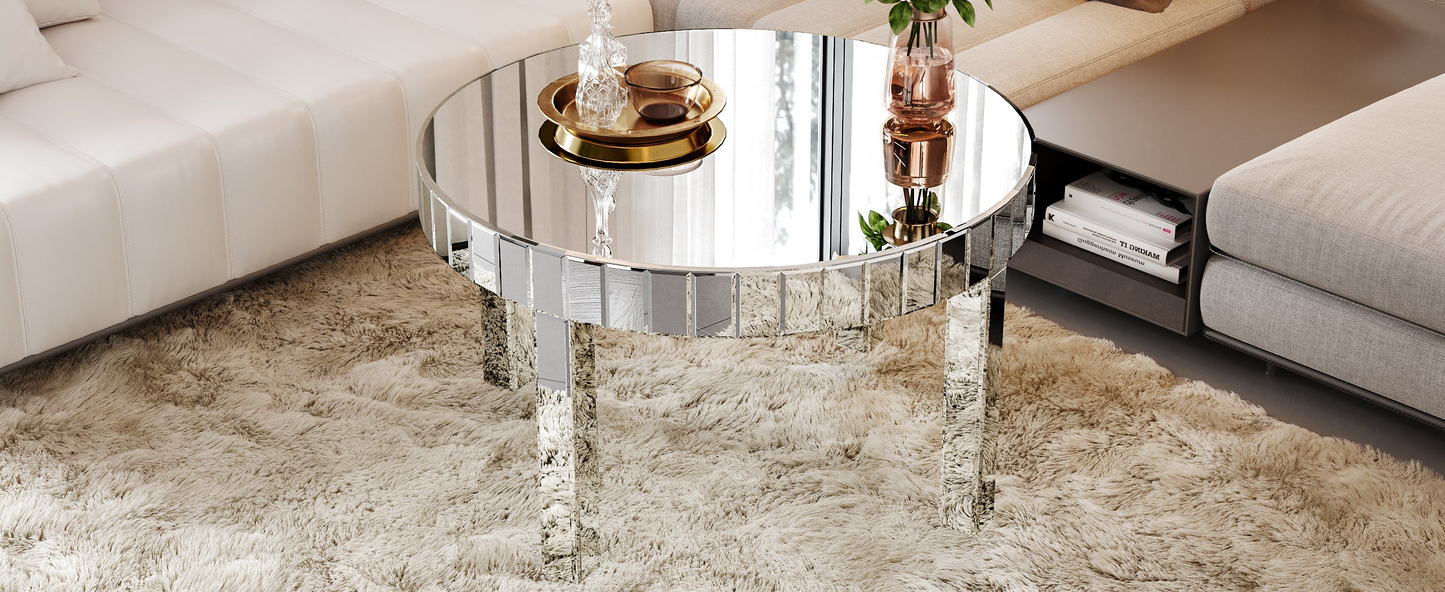 Luxury Silver Round Coffee Table – 31.5” Fluted Mirror Design for Modern Living Rooms