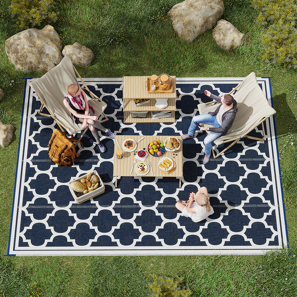 Reversible Polypropylene Outdoor Rug Folding, Durable, Perfect  With Four Straps  Waterproof Outdoor For Camping, Deck & Beach Black