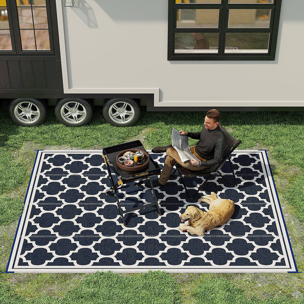 Reversible Polypropylene Outdoor Rug Folding, Durable, Perfect  With Four Straps  Waterproof Outdoor For Camping, Deck & Beach Black