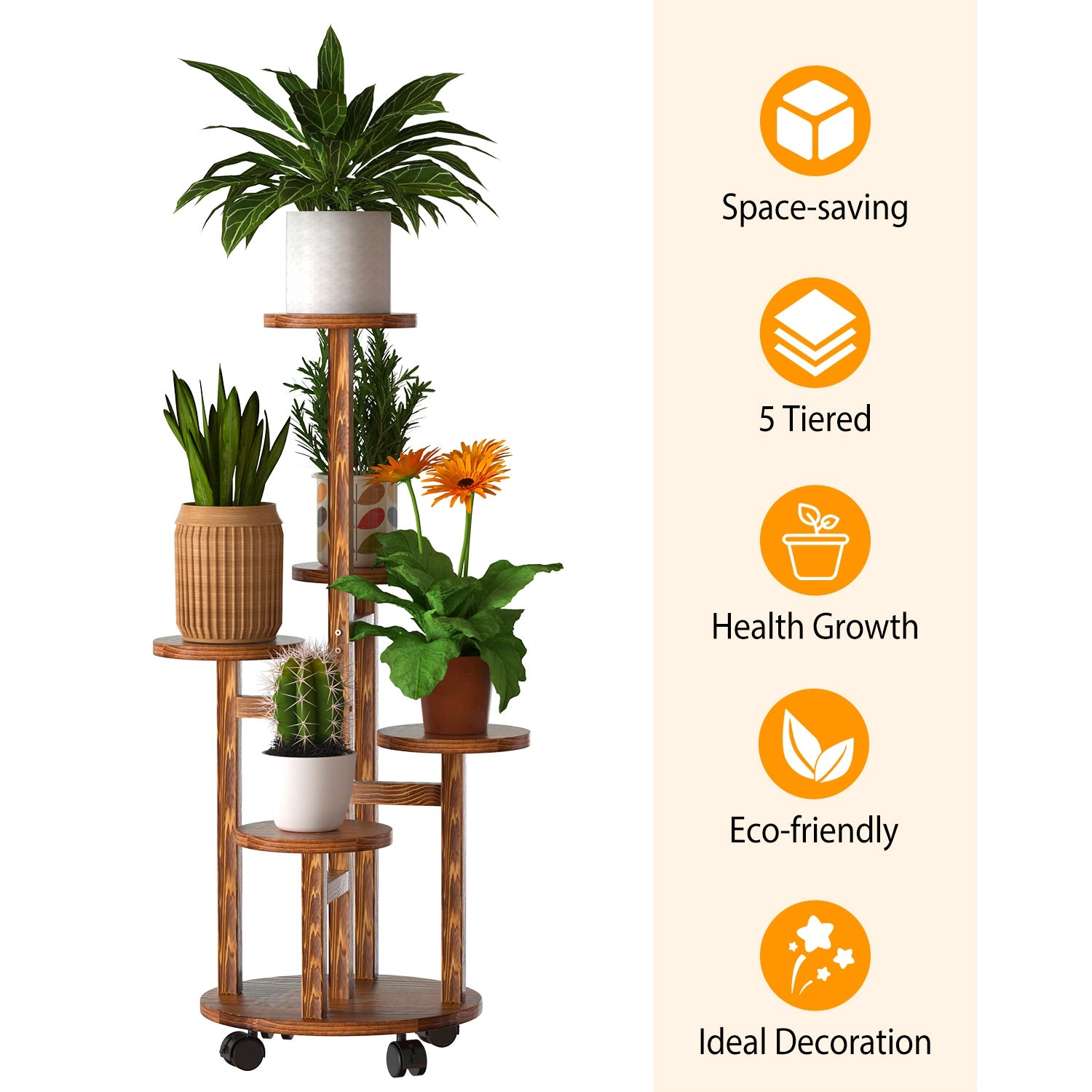 5 Tier Plant Stand With 4 Detachable Wheels Wooden Plant Pot Rolling Shelf Plant Display Rack For Indoor Outdoor Decoration