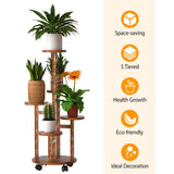 5 Tier Plant Stand With 4 Detachable Wheels Wooden Plant Pot Rolling Shelf Plant Display Rack For Indoor Outdoor Decoration