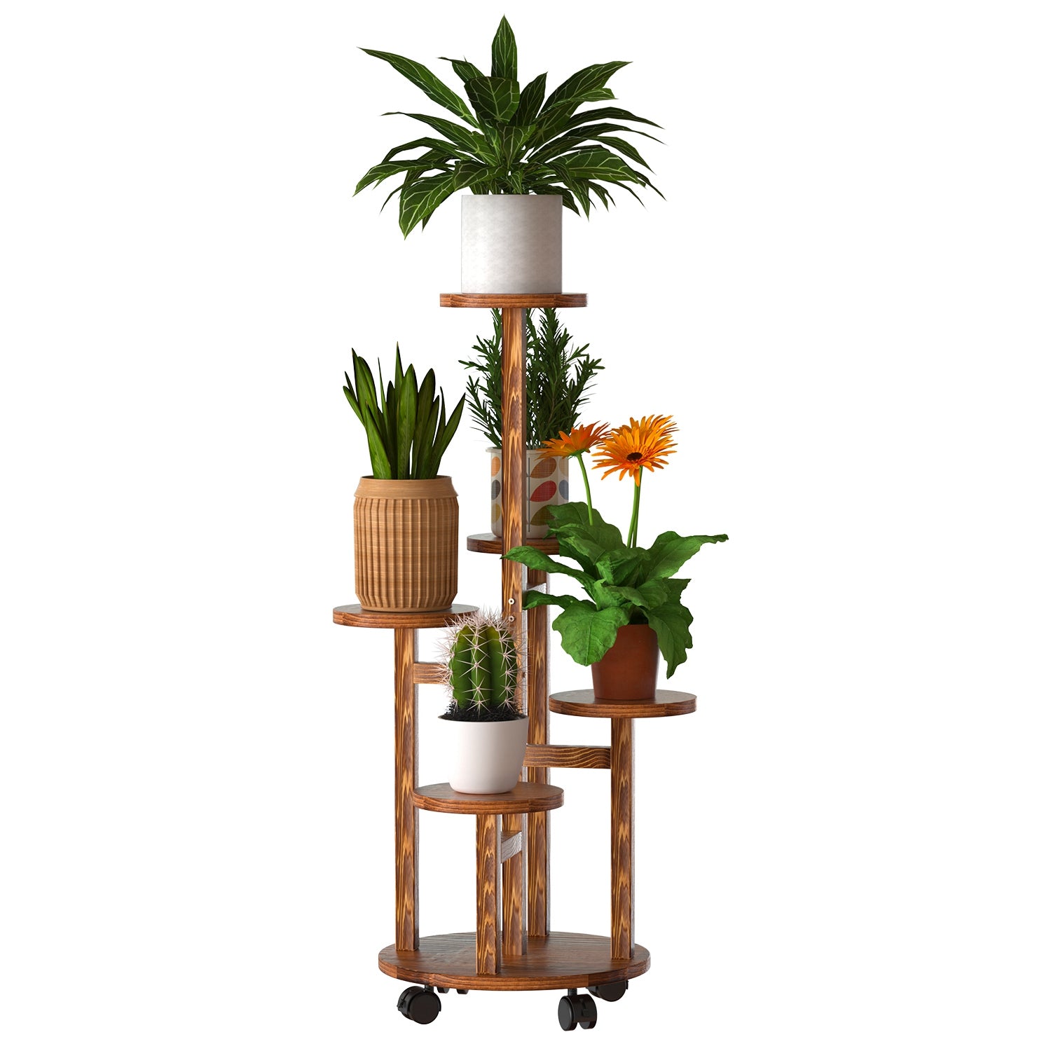 5 Tier Plant Stand With 4 Detachable Wheels Wooden Plant Pot Rolling Shelf Plant Display Rack For Indoor Outdoor Decoration