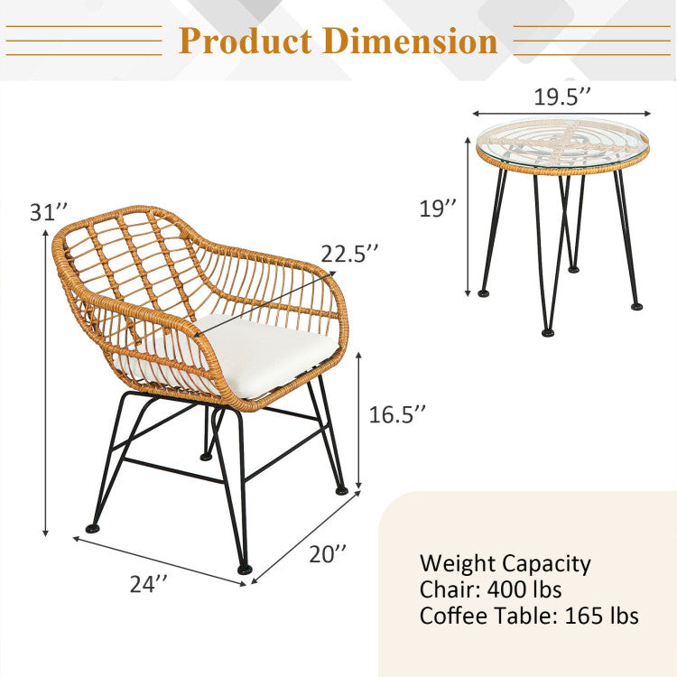3 Pieces Rattan Furniture Set With Cushioned Chair Table